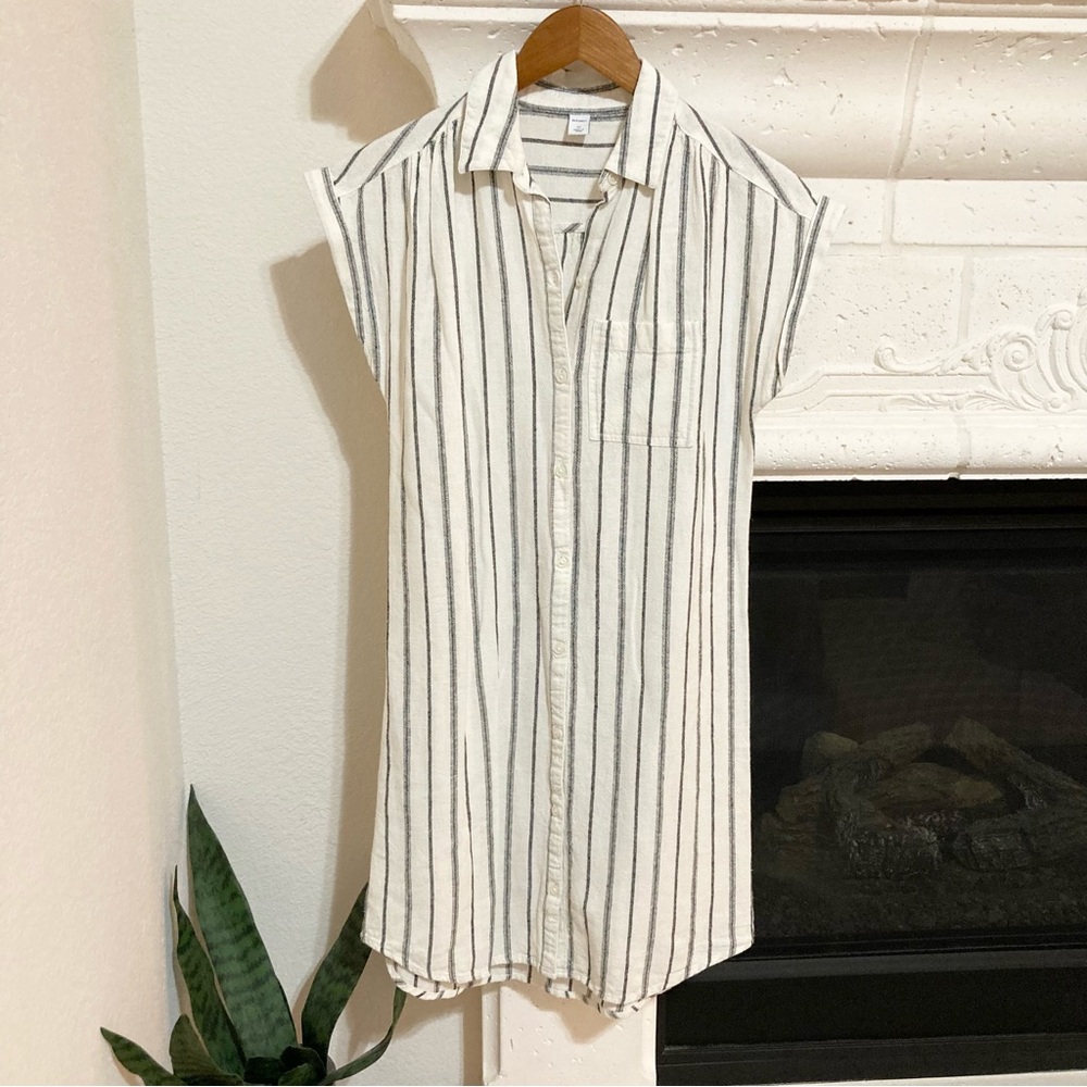 Linen Dress Black and White Stripe Short Sleeve Size XS